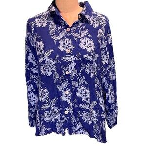 Kiki Hawaii Print Shirt Womens Size XXL Blue and White Floral Print Resort VTG
